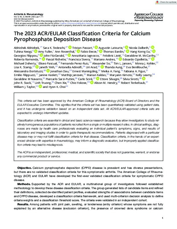 The 2023 ACR/EULAR Classification Criteria for Calcium Pyrophosphate Deposition Disease Thumbnail