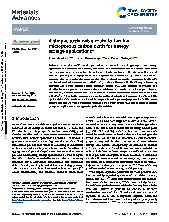 A simple, sustainable route to flexible microporous carbon cloth for energy storage applications Thumbnail