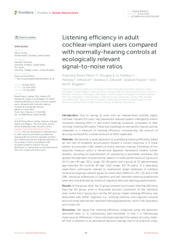 Listening efficiency in adult cochlear-implant users compared with normally-hearing controls at ecologically relevant signal-to-noise ratios Thumbnail