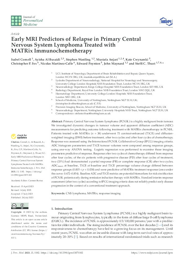 Early MRI Predictors of Relapse in Primary Central Nervous System Lymphoma Treated with MATRix Immunochemotherapy Thumbnail