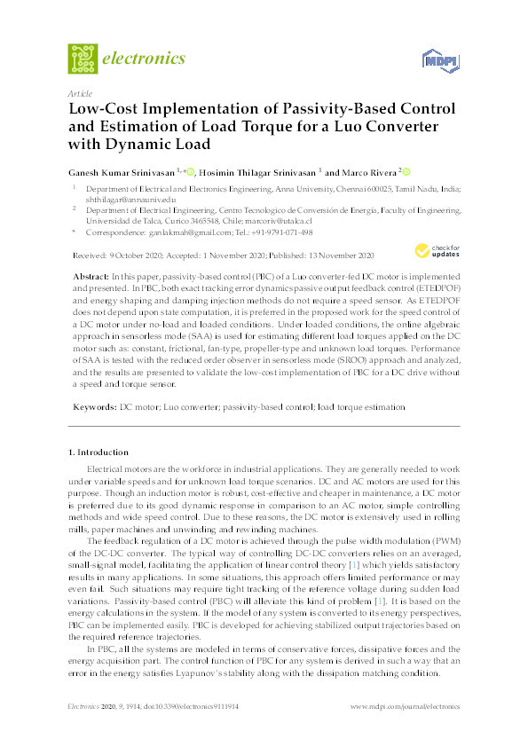 Low-Cost Implementation of Passivity-Based Control and Estimation of Load Torque for a Luo Converter with Dynamic Load Thumbnail