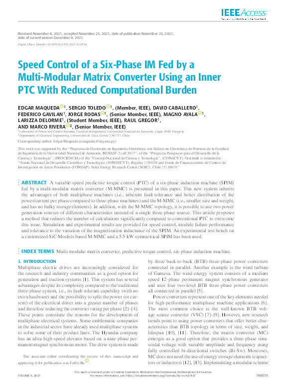 Speed Control of a Six-Phase IM Fed by a Multi-Modular Matrix Converter Using an Inner PTC With Reduced Computational Burden Thumbnail