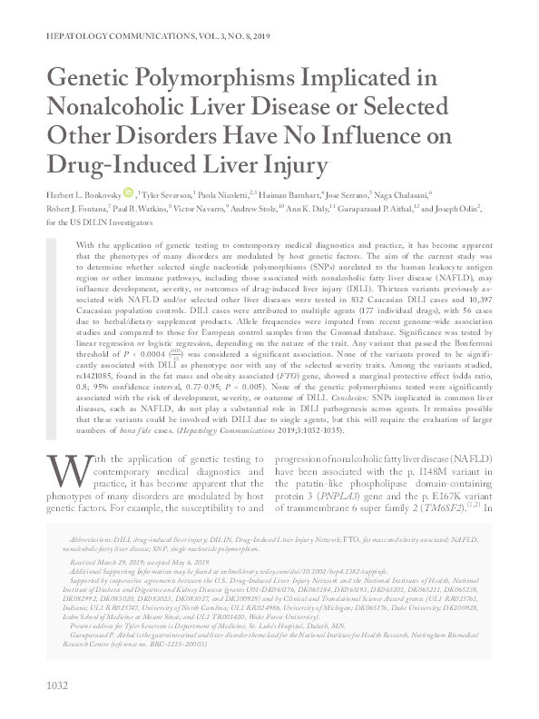 Genetic Polymorphisms Implicated in Nonalcoholic Liver Disease or Selected Other Disorders Have No Influence on Drug‐Induced Liver Injury Thumbnail