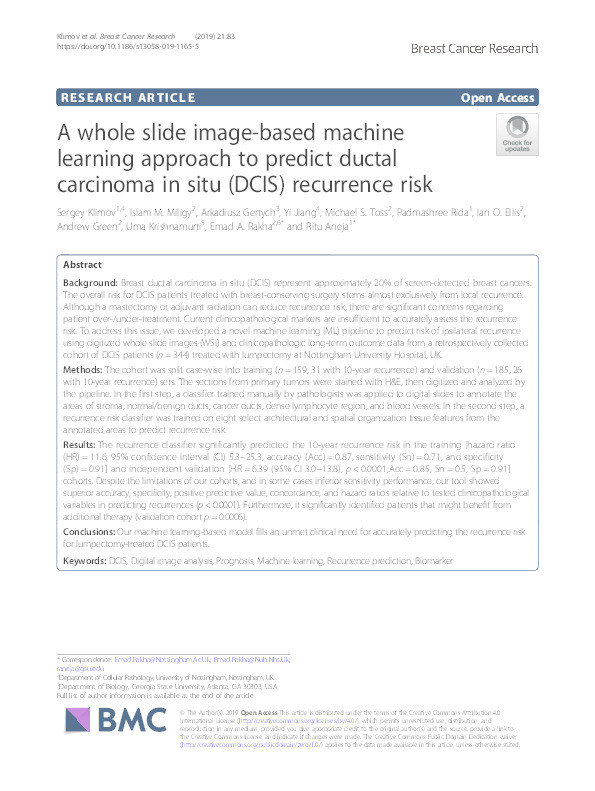 A whole slide image-based machine learning approach to predict ductal carcinoma in situ (DCIS) recurrence risk Thumbnail