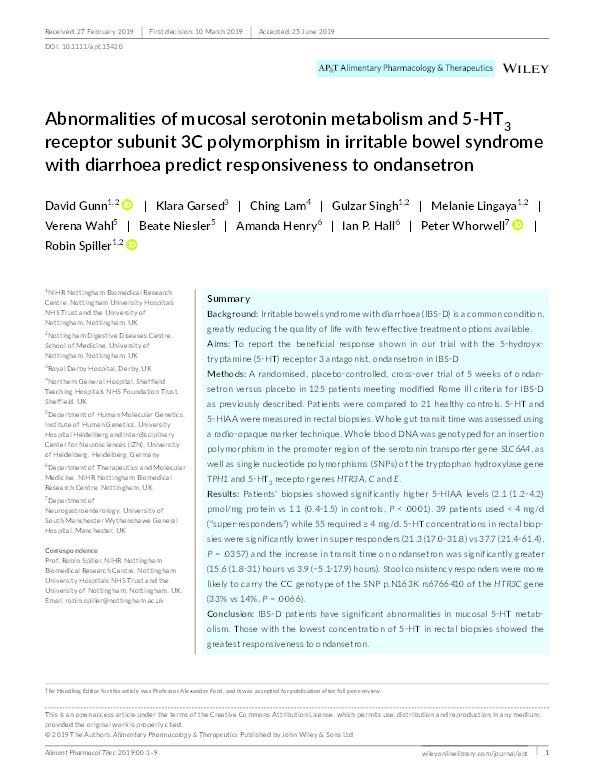 Abnormalities of mucosal serotonin metabolism and 5-HT3 receptor subunit 3C polymorphism in irritable bowel syndrome with diarrhoea predict responsiveness to ondansetron Thumbnail