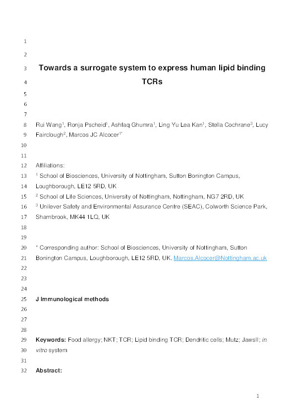 Towards a surrogate system to express human lipid binding TCRs Thumbnail