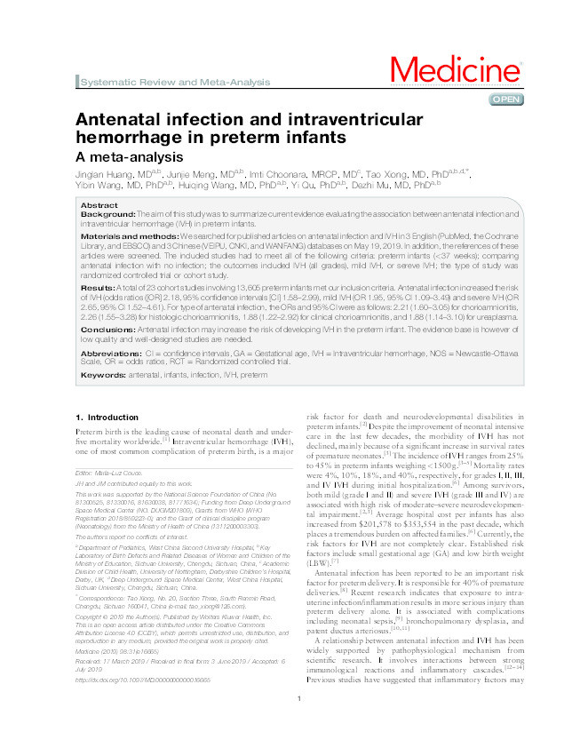Antenatal infection and intraventricular hemorrhage in preterm infants: a meta-analysis Thumbnail