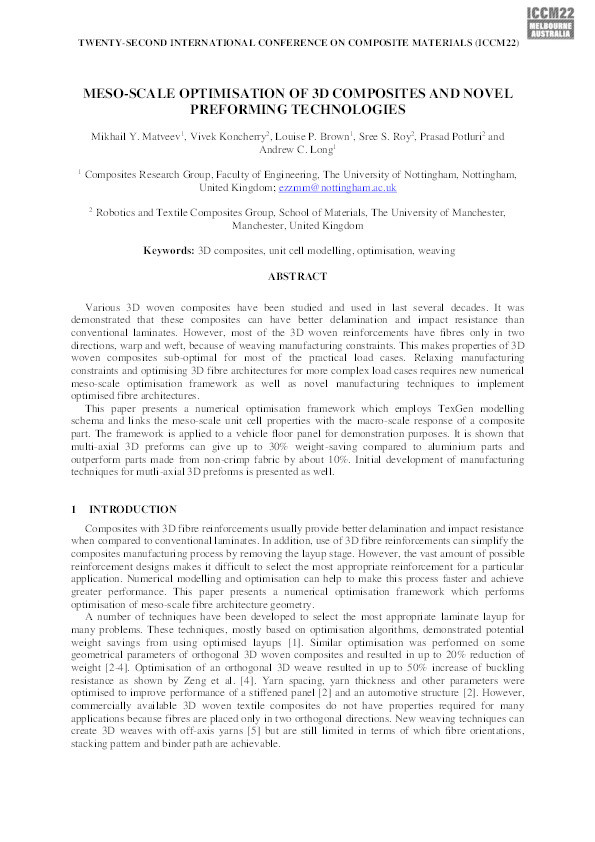 Meso-scale optimisation of 3D composites and novel preforming technologies Thumbnail