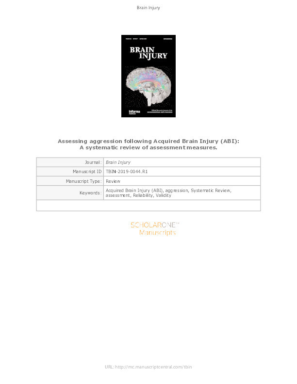 Assessing aggression following Acquired Brain Injury (ABI): A systematic review of assessment measures Thumbnail