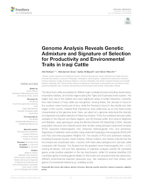 Genome Analysis Reveals Genetic Admixture and Signature of Selection for Productivity and Environmental Traits in Iraqi Cattle Thumbnail