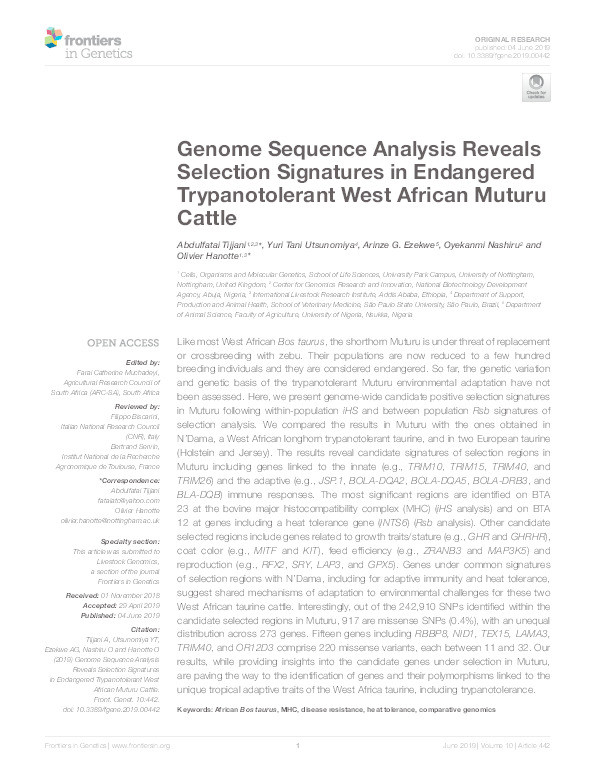Genome Sequence Analysis Reveals Selection Signatures in Endangered Trypanotolerant West African Muturu Cattle Thumbnail