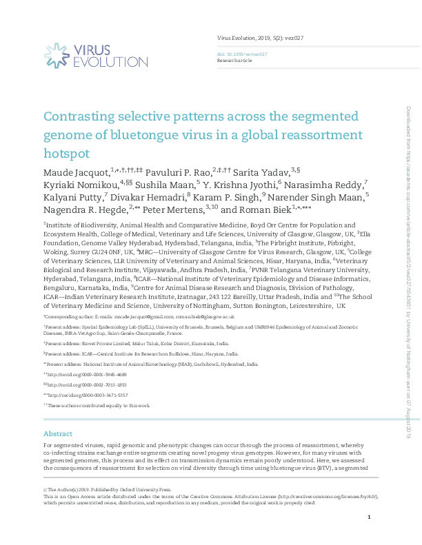 Contrasting selective patterns across the segmented genome of bluetongue virus in a global reassortment hotspot Thumbnail