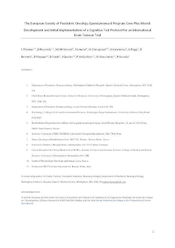 The European Society of Paediatric Oncology Ependymoma-II program Core-Plus model: Development and initial implementation of a cognitive test protocol for an international brain tumour trial Thumbnail