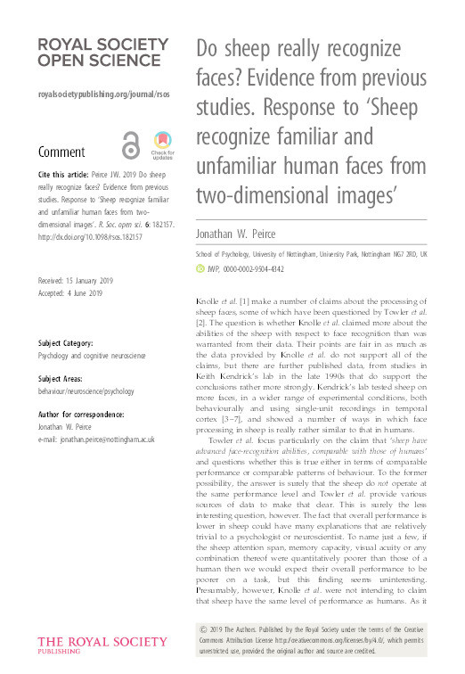 Do sheep really recognize faces? Evidence from previous studies. Response to ‘Sheep recognize familiar and unfamiliar human faces from two-dimensional images’ Thumbnail