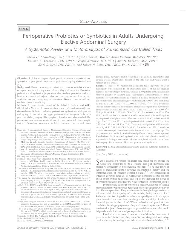 Perioperative Probiotics or Synbiotics in Adults Undergoing Elective Abdominal Surgery: A Systematic Review and Meta-analysis of Randomized Controlled Trials Thumbnail