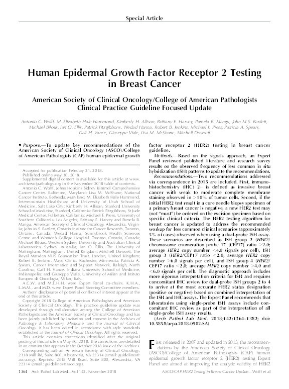 Human epidermal growth factor receptor 2 testing in breast cancer: American Society of Clinical Oncology/College of American Pathologists Clinical Practice Guideline focused update Thumbnail