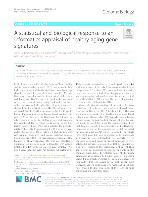 A statistical and biological response to an informatics appraisal of healthy aging gene signatures Thumbnail