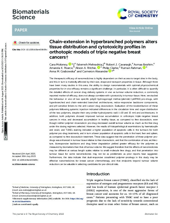 Chain-extension in hyperbranched polymers alters tissue distribution and cytotoxicity profiles in orthotopic models of triple negative breast cancers Thumbnail