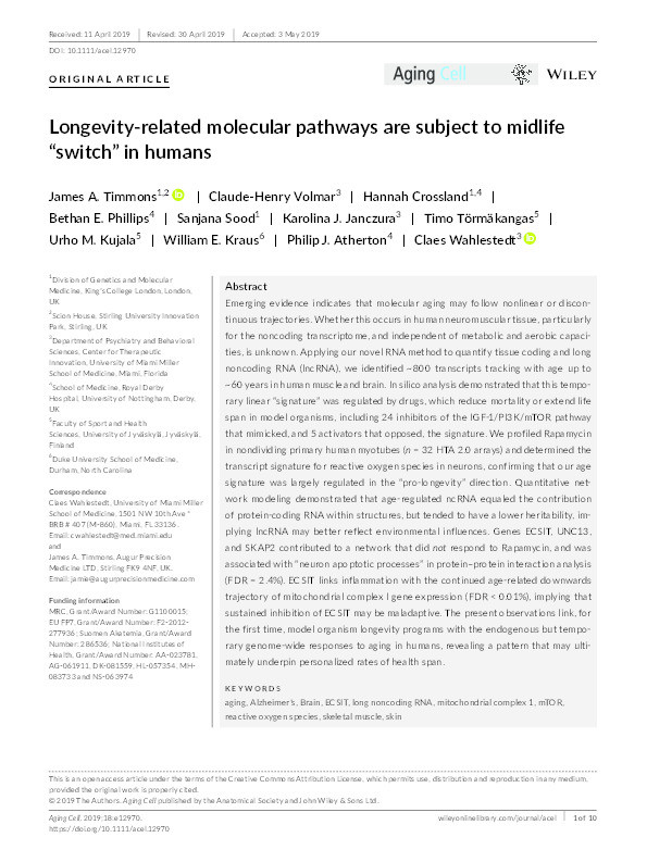 Longevity‐related molecular pathways are subject to midlife “switch” in humans Thumbnail