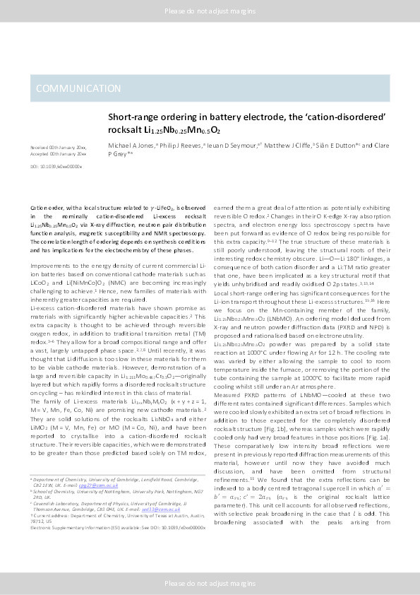 Short-range ordering in a battery electrode, the ‘cation-disordered’ rocksalt Li1.25Nb0.25Mn0.5O2 Thumbnail