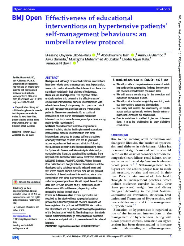 Effectiveness of educational interventions on hypertensive patients' self-management behaviours: an umbrella review protocol Thumbnail