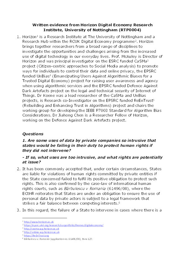 The Right To Privacy (Article 8) and the Digital Revolution: Written evidence from Horizon Digital Economy Research Institute, University of Nottingham (RTP0004) Thumbnail