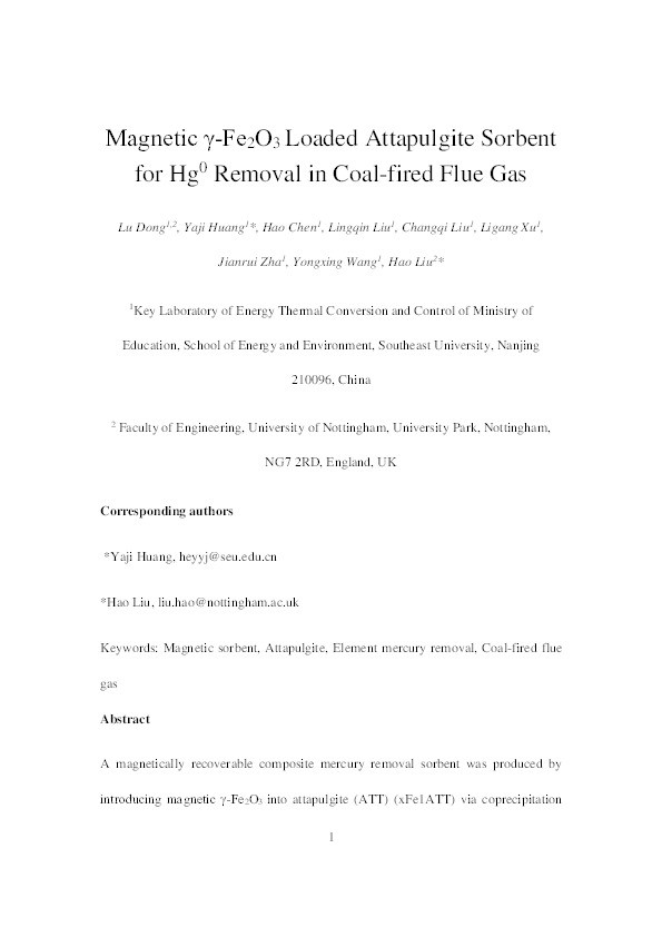Magnetic γ-Fe2O3-Loaded Attapulgite Sorbent for Hg0 Removal in Coal-Fired Flue Gas Thumbnail