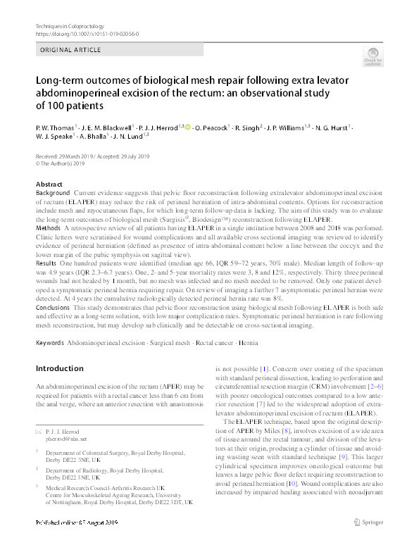 Long-term outcomes of biological mesh repair following extra levator abdominoperineal excision of the rectum: an observational study of 100 patients Thumbnail