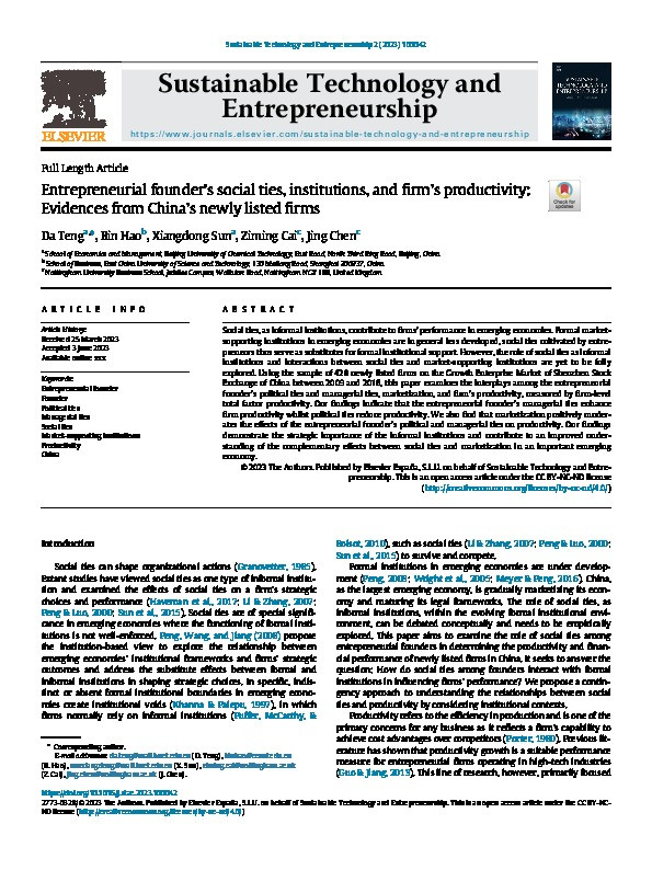 Entrepreneurial founder's social ties, institutions, and firm's productivity: Evidences from China's newly listed firms Thumbnail