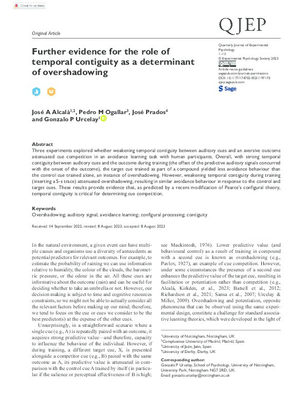 Further evidence for the role of temporal contiguity as a determinant of overshadowing Thumbnail