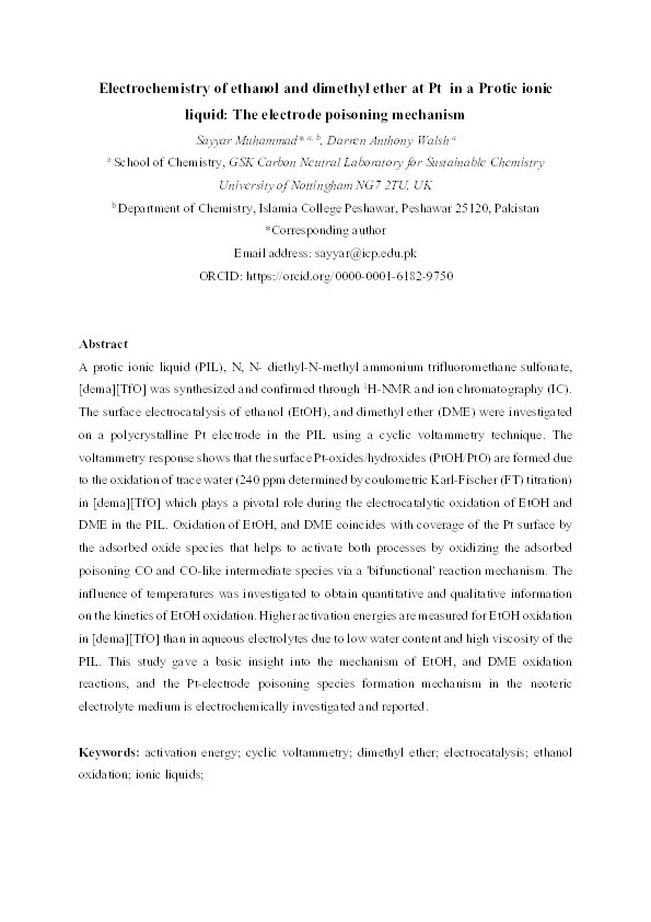 Electrochemistry of ethanol and dimethyl ether at a Pt electrode in a protic ionic liquid: the electrode poisoning mechanism Thumbnail