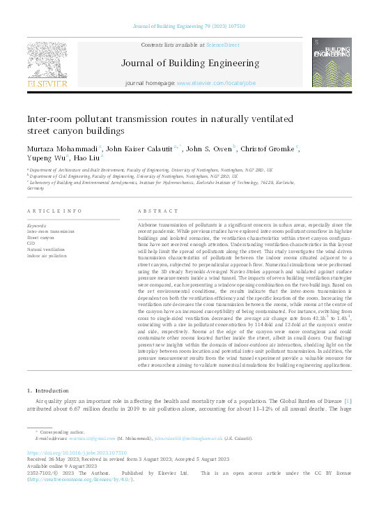 Inter-room pollutant transmission routes in naturally ventilated street canyon buildings Thumbnail