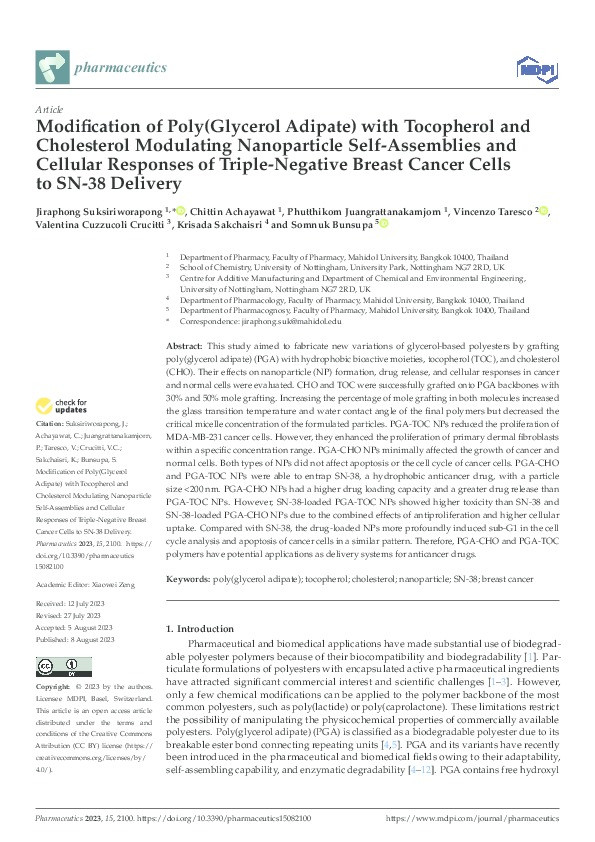 Modification of Poly(Glycerol Adipate) with Tocopherol and Cholesterol Modulating Nanoparticle Self-Assemblies and Cellular Responses of Triple-Negative Breast Cancer Cells to SN-38 Delivery Thumbnail