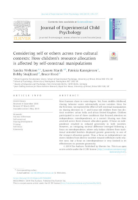 Considering self or others across two cultural contexts: How children’s resource allocation is affected by self-construal manipulations Thumbnail