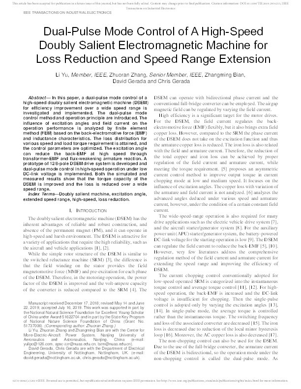 Dual-Pulse Mode Control of a High-Speed Doubly Salient Electromagnetic Machine for Loss Reduction and Speed Range Extension Thumbnail