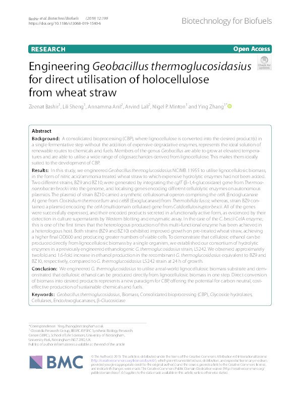 Engineering Geobacillus thermoglucosidasius for direct utilisation of holocellulose from wheat straw Thumbnail