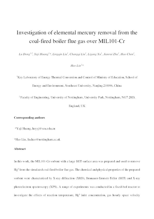 Investigation of elemental mercury removal from coal-fired flue gas over MIL101-Cr Thumbnail