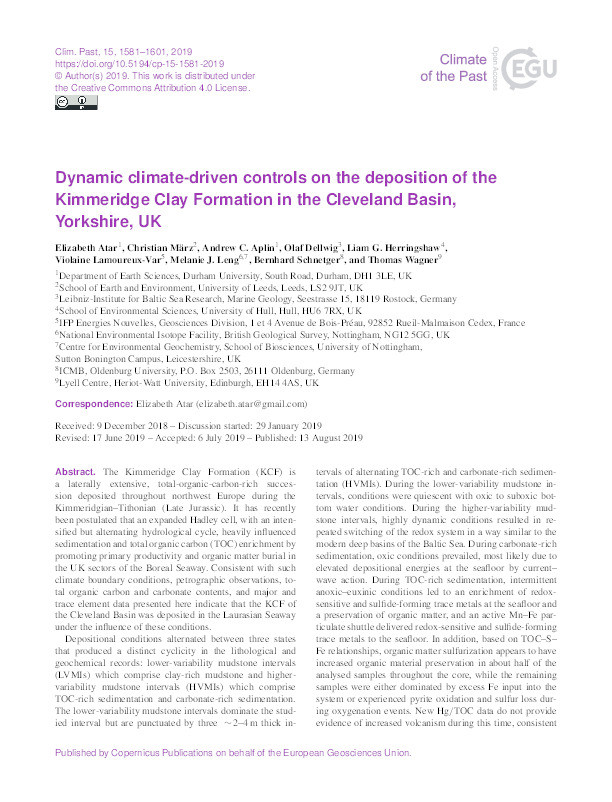 Dynamic climate-driven controls on the deposition of the Kimmeridge Clay Formation in the Cleveland Basin, Yorkshire, UK Thumbnail