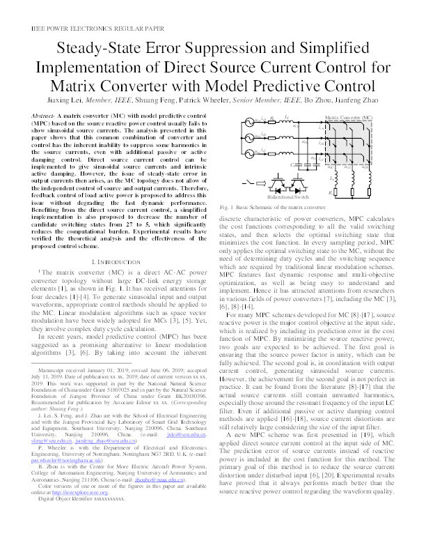 Steady-state error elimination and simplified implementation of direct source current control for matrix converter with model predictive control Thumbnail