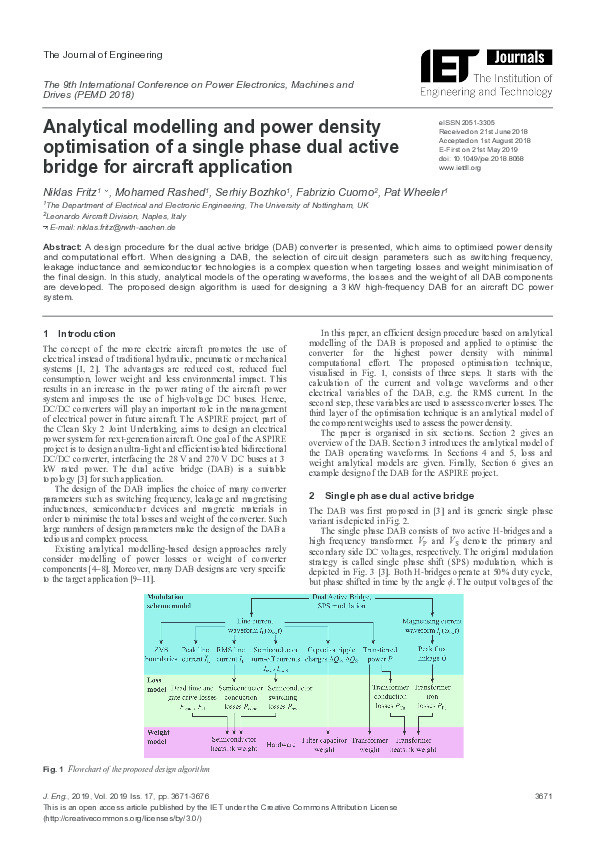 Analytical modelling and power density optimisation of a single phase dual active bridge for aircraft application Thumbnail