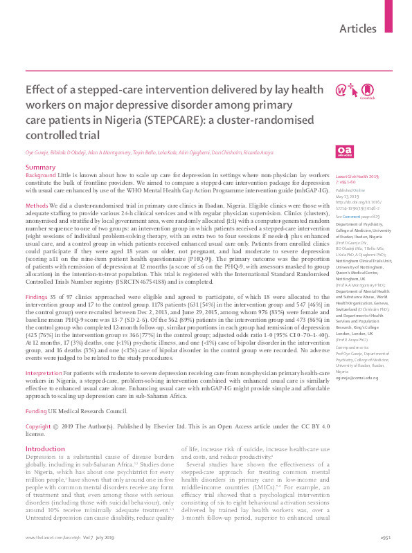 Effect of a stepped-care intervention delivered by lay health workers on major depressive disorder among primary care patients in Nigeria (STEPCARE): a cluster-randomised controlled trial Thumbnail