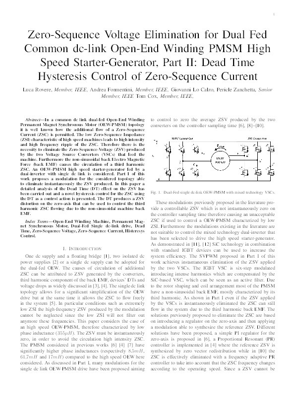 Zero-sequence voltage elimination for dual fed common dc-link open-end winding PMSM high speed starter-generator, part II: dead time hysteresis control of zero sequence current Thumbnail