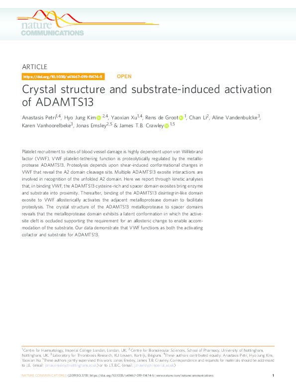 Crystal structure and substrate-induced activation of ADAMTS13 Thumbnail