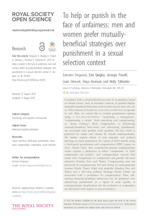 To Help or Punish in the Face of Unfairness: Men and Women Prefer Mutually-Beneficial Strategies over Punishment in a Sexual Selection Contest Thumbnail