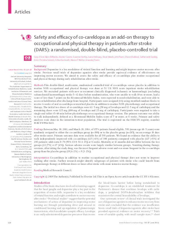 Safety and efficacy of co-careldopa as an add-on therapy to occupational and physical therapy in patients after stroke (DARS): a randomised, double-blind, placebo-controlled trial Thumbnail