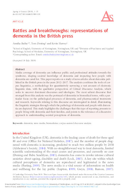 Battles and breakthroughs: representations of dementia in the British press Thumbnail