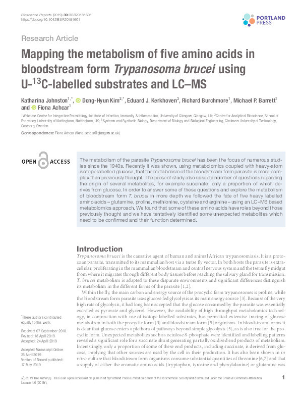 Mapping the metabolism of five amino acids in bloodstream form Trypanosoma brucei using U-13C-labelled substrates and LC–MS Thumbnail