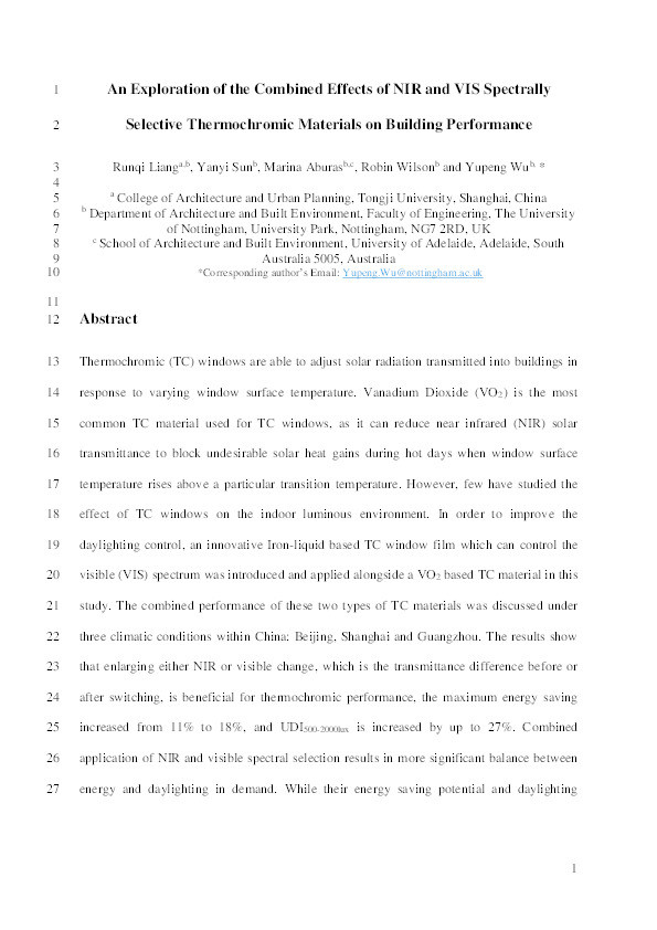 An Exploration of the Combined Effects of NIR and VIS Spectrally Selective Thermochromic Materials on Building Performance Thumbnail