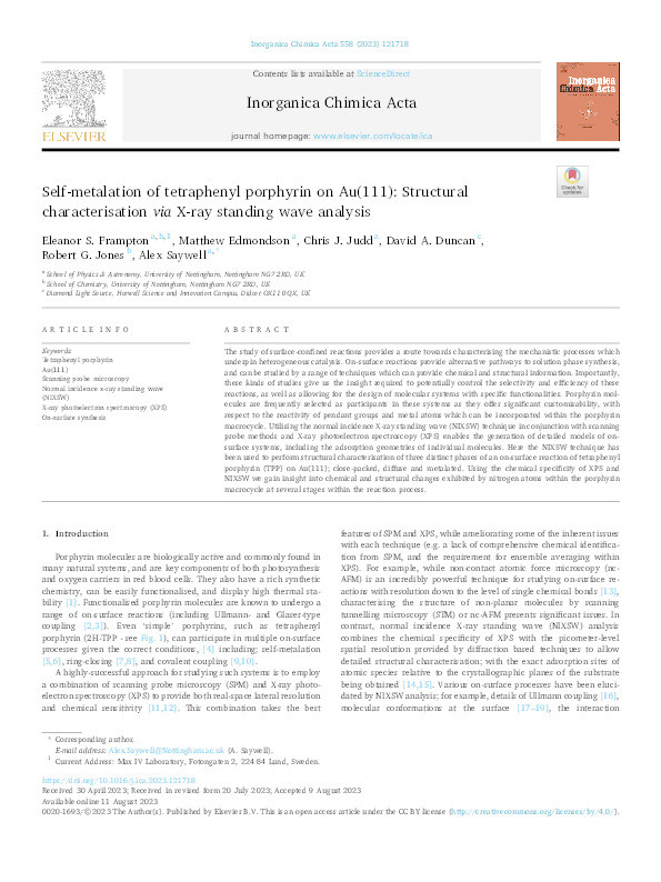 Self-metalation of tetraphenyl porphyrin on Au(111): Structural characterisation via X-ray standing wave analysis Thumbnail