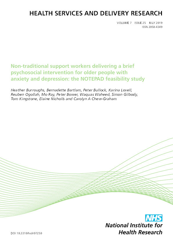 Non-traditional support workers delivering a brief psychosocial intervention for older people with anxiety and depression: the NOTEPAD feasibility study Thumbnail